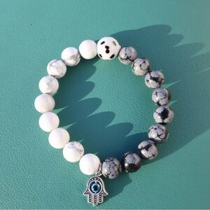 White and Gray Beaded Bracelet with Hamsa Charm